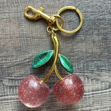 Cherry Bag Purse Charm Keychain Glitter Pink Gold Painted Leaves