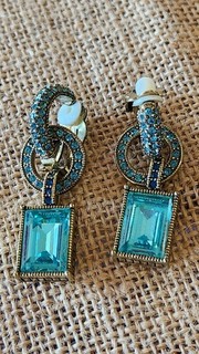 Heidi Daus Clip On Earrings Stunning Antiqued Brasstone & Aqua 1.74" Great Cond.