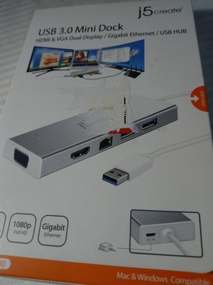 j5create USB 3.0 Mini Dock HDMI VGA Dual Display Gigabit Ethernet Hub JUD380