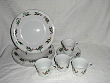 Vintage 12 Piece Porcelain Christmas Dinnerware Set Holly Berry Jay Import Co