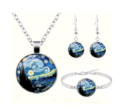 Vincent Van Gogh Starry Night Art Oil Painting Necklace, Earrings & Bracelet Set