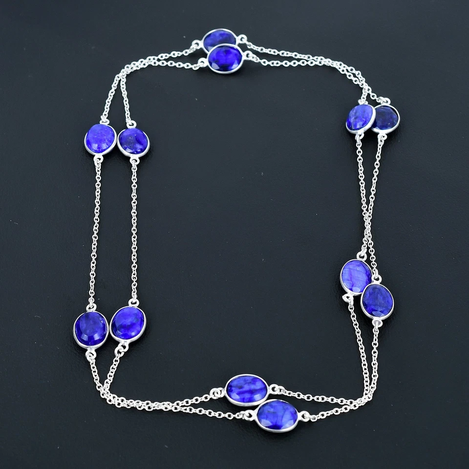 蓝色蓝宝石椭圆形宝石 925 纯银珠宝礼品项链 36" VJ 974 — 第 2/4 张图片