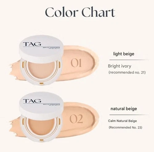 Two round TAG Skin Fit Cover Balm 12g cases, one with beige swatch labeled “01 Light Beige” and one with tan swatch labeled “02 Natural Beige.”