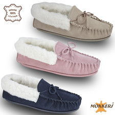 Ladies Mokkers Moccasins Slippers Warm Wool Lined Suede Comfy Indoor Shoe UK3-9