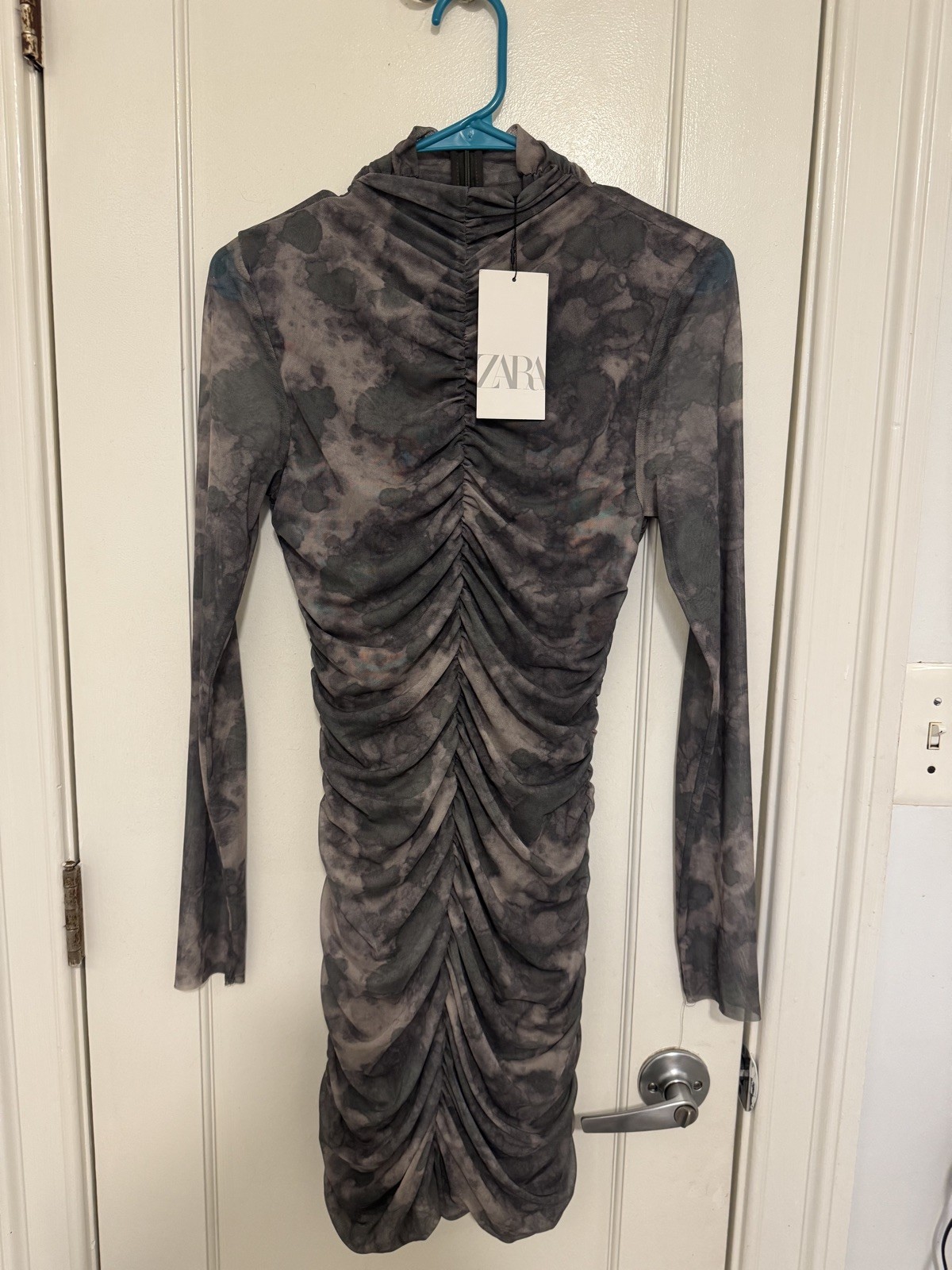 NWT Zara Printed Camo Green Beige Gray Tulle high neck long sleeve Dress Sz M