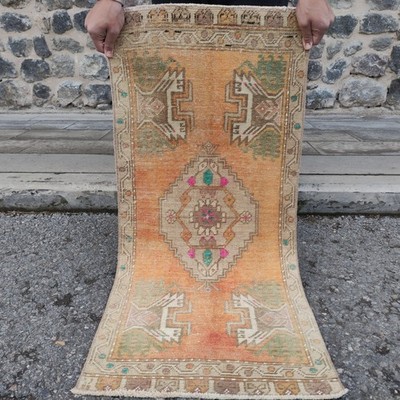 Vintage handmade rug 2x4 Turkish rug door mat mini runner rug 1.64 x 3.54 ft