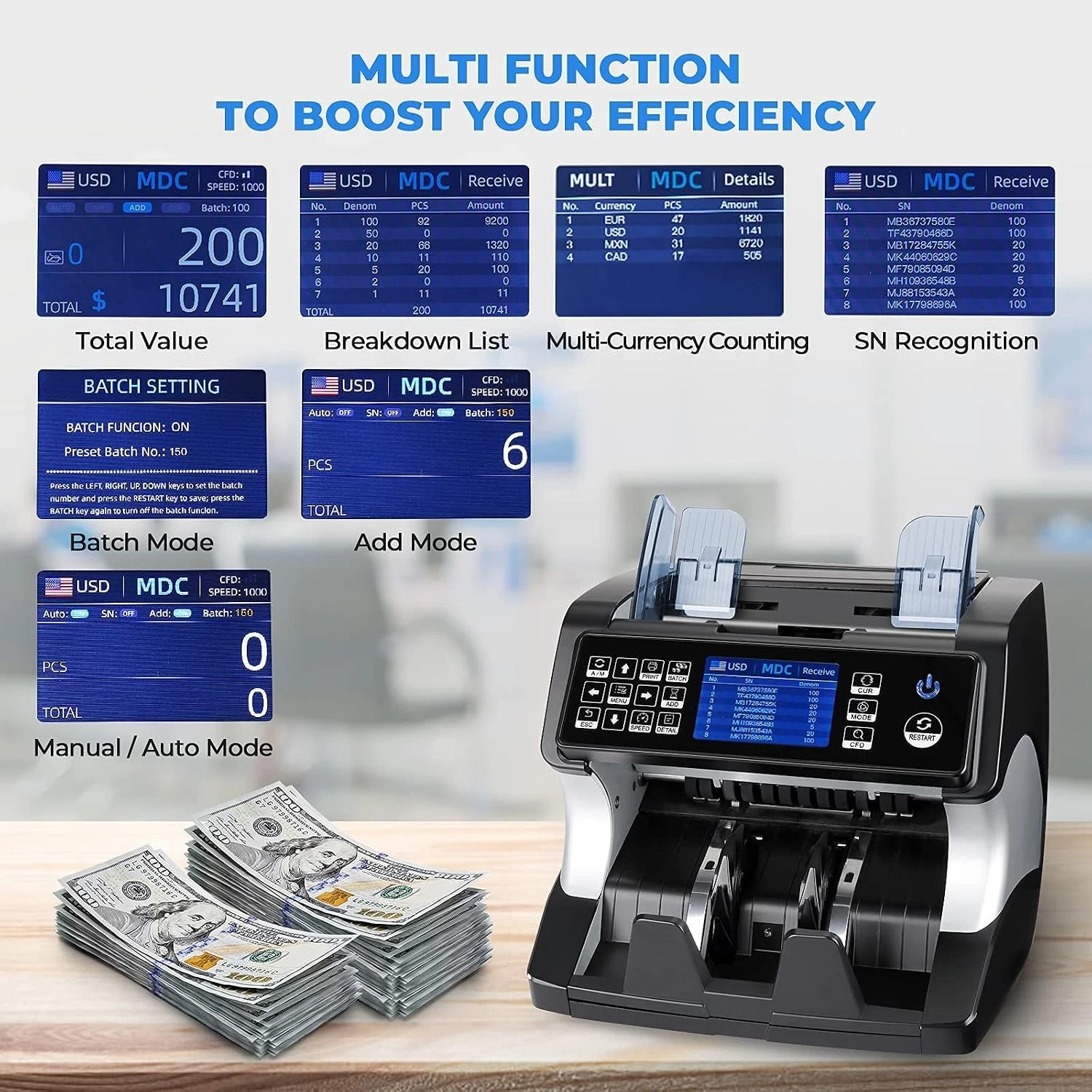 MUNBYN IMC01 Money Counter Machine Mixed Denomination 2CIS UV IR MG MT image 2