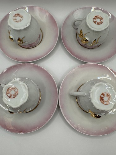 Antique Porcelain Demitasse Cups & Saucers Set of 4 Pink & Gold Hand Painted - Picture 4 of 14