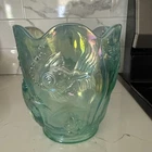 Vintage Fenton Atlantis Vase Green Sea Mist Opalescent Iridized Koi Fish