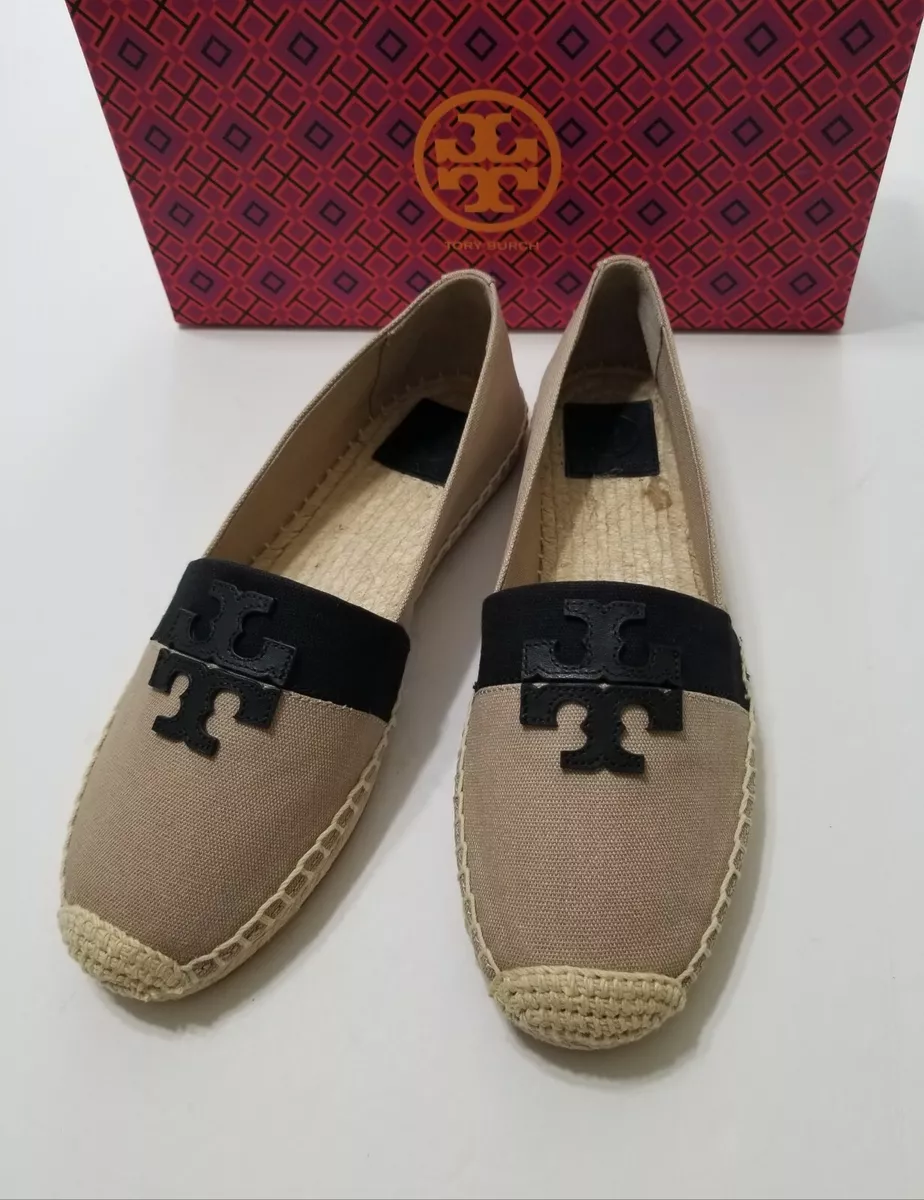 NIB Tory Burch Weston Flat Espadrille Canvas Leather Natural Black 9.5 10 198