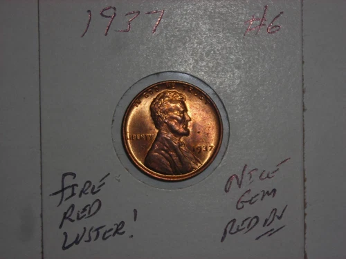 1937 WHEAT PENNY GEM RED BU LINCOLN CENT 1937-P LOT #6 GEM UNC FIRE RED LUSTER