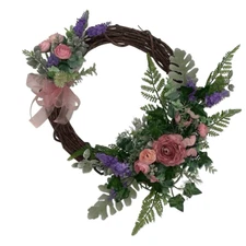 Handmade Grapevine Floral Wreath Natural Whimsical Pink Purple Green 16”