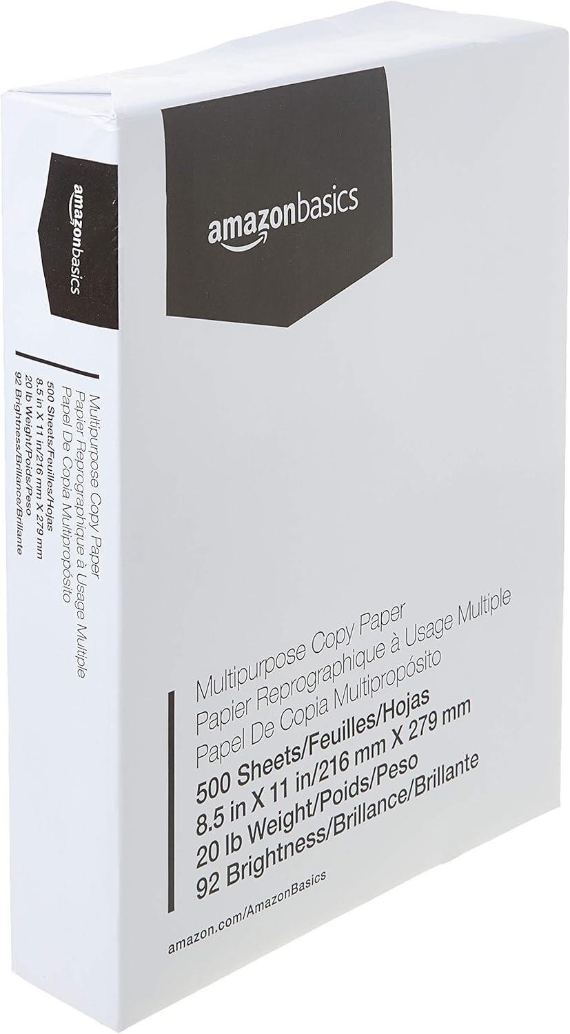 Amazon Basics Multipurpose Copy Printer Paper, 8.5 1 Ream | 500 Sheets, White