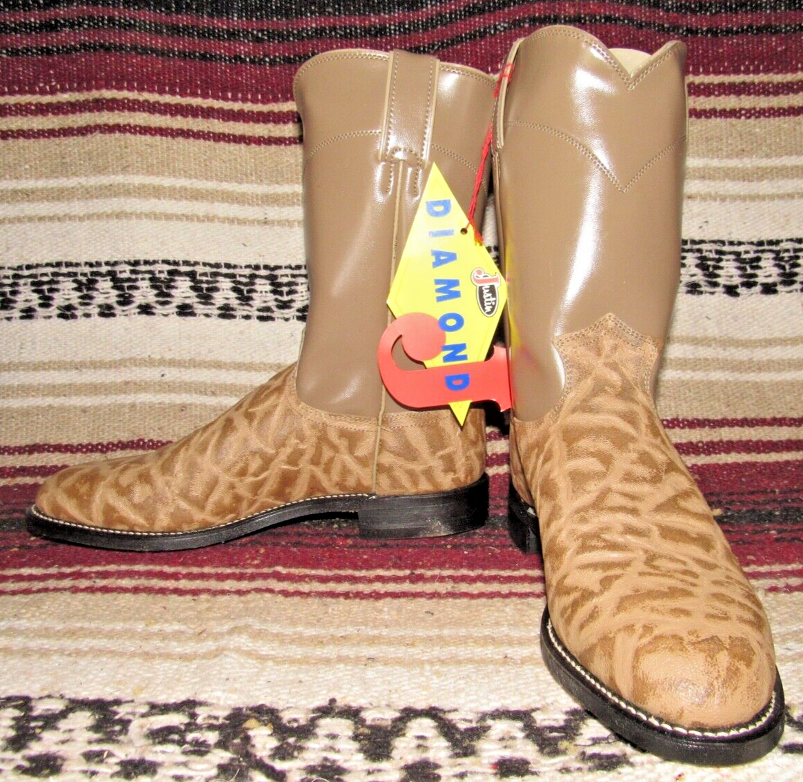 Mens Justin Diamond J Beige Elephant PRINT Leather Roper Cowboy