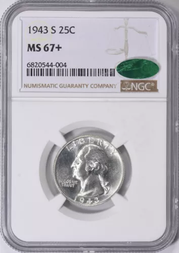 $2000 Guide: 1943-S Quarter NGC MS-67+ (CAC Green) Lot #648