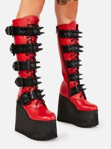red platform knee high boots