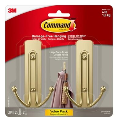  Wall Hooks, Damage Free Hanging Wall Hooks with Adhesive Large Satin Brass
