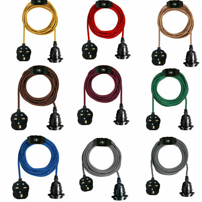 Stoff Flex Kabel Kit Stecker in Pendelleuchte Leuchte Set E27 Fassung Vintage Birne UK