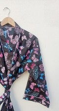 Indian Cotton Black Butterflies Kimono Bath Robes Night Maxi Gown Kimono Robe US
