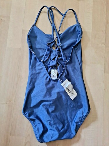 SUBOO Denim Criss Cross Front One Piece Swimsuit Open Back Size 4 US 8 AUS Blue - Picture 2 of 7
