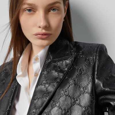 69747 auth GUCCI black leather 2021 EMBOSSED GG Blazer Jacket 40 S
