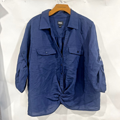 INC Plus 2 XL Navy Blue LINEN Blend Blouse Button Twist Hem SHIRT TOP 3/4 Sleeve