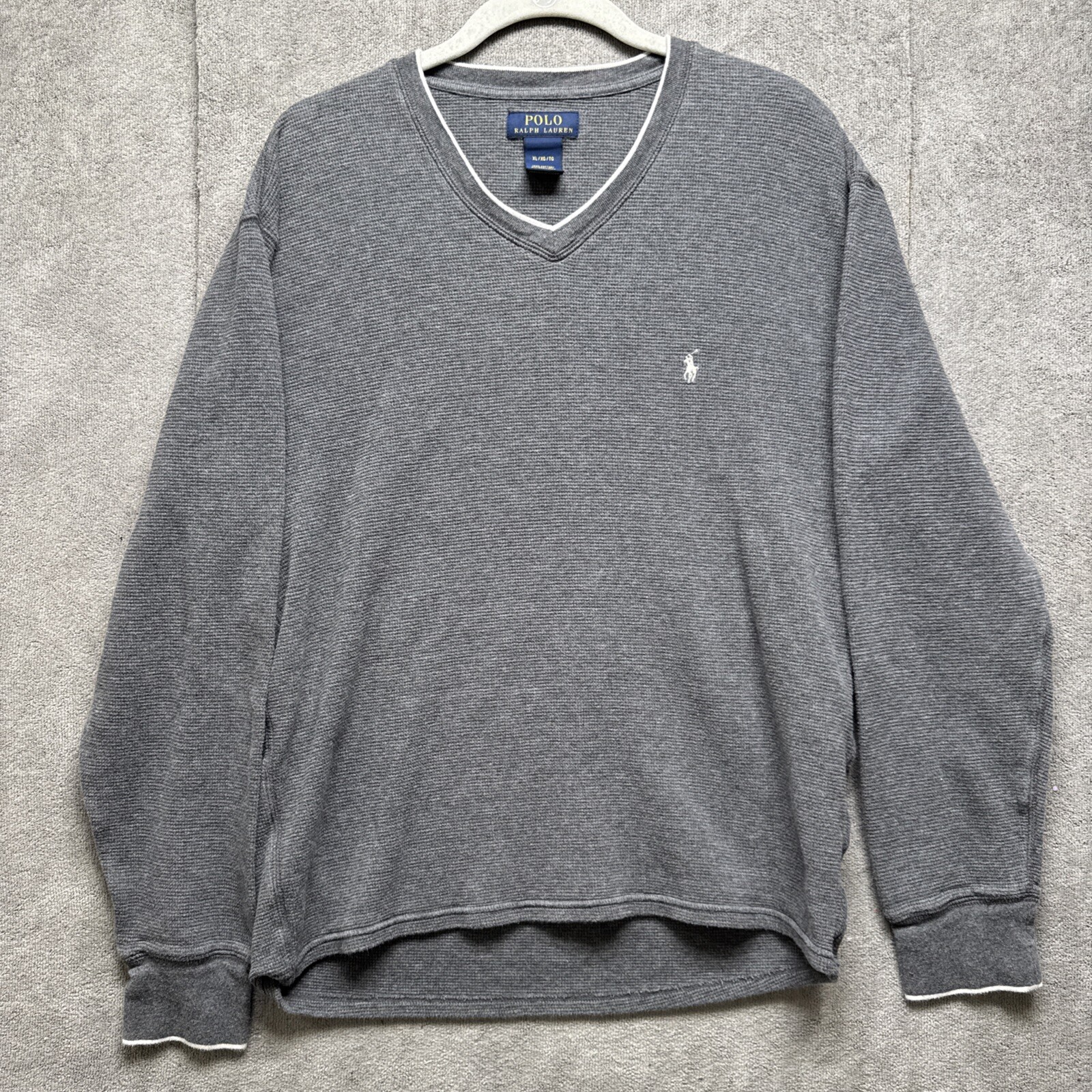 Polo Ralph Lauren Waffle Camicia Termica XL Grigio Scollo V Pullover Logo Pony