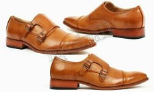 Handmade Men's Leather Genuine Tan Double Monk Oxford Cap Toe Formal Shoes -67