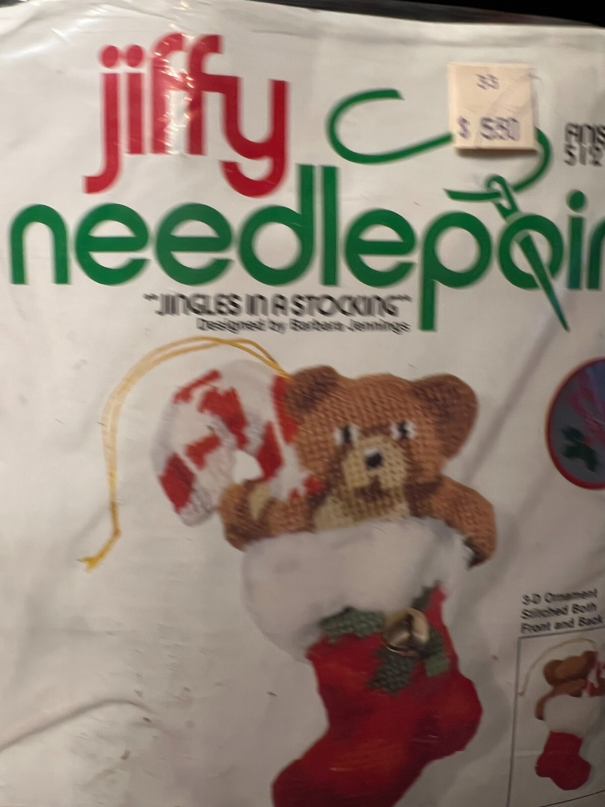 Jiffy Needlepoint CHRISTMAS JINGLES in a STOCKING ORNAMENT NEEDLECRAFT