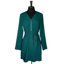 Express Women's Shirt Dress Green Belted Zipper V-Neck Business Casual Size S