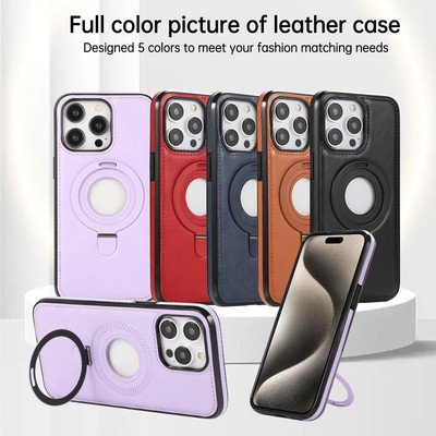 Magnetic PU Lederhülle für iPhone 16 Pro/Max Handyhülle Ring Ständer Schutzglas