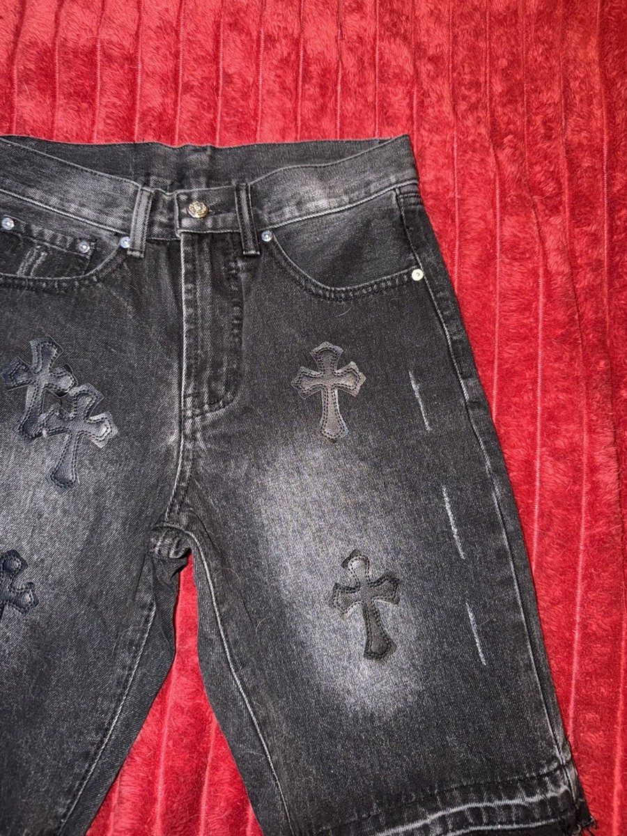 CHROME HEARTS DENIM SHORTS Cross Patched Crossball Button Men 28
