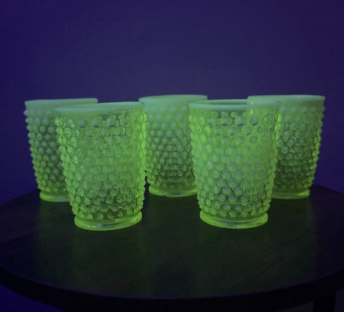 Vintage Uranium Glass Hobnail Juice Glasses Set of 5 UV Reactive Vaseline Glass