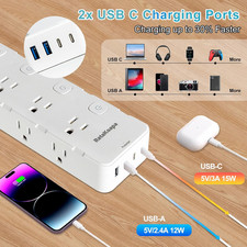 Surge Protector Power Strip 15 Ft Cord 8 Widely AC Outlets 4 USB 2 USB C Flat