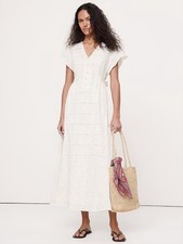 Banana Republic Women’s M Regular White V-Neck Midi A-Line Dress Button Eyelet