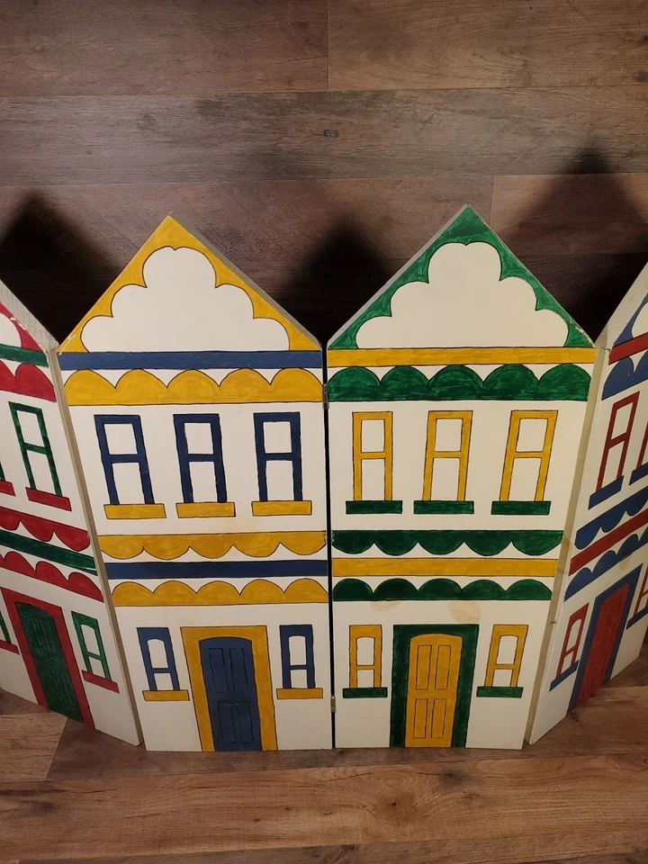 Vintage Hand-Painted Large Wooden Fireplace Screen with Home School Town 40"x28" - Image 3 of 4