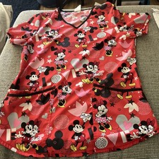 Disney Scrubstar Women's Mickey Minnie Mouse Hearts Love Scrub Top Valentines