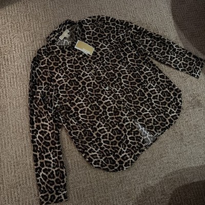 MICHAEL KORS Leopard Long Sleeve Gold Buttons Blouse NWT $110 Dark Camel