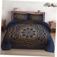 Size Comforter Set with 2 Pillowcases, Navy Blue Boho Gold Queen Multi 24