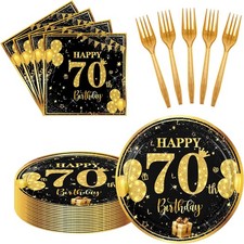 70th 7 inch Birthday Party Paper Plates and Napkins Forks 60 pcs Black Gold