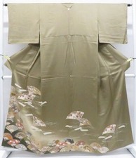 JAPANESE KIMONO IROTOMESODE KHAKI 160cm 5 ft 3 in PURE SILK EE8071