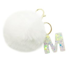 Letter A-Z Keychain for Women Bag Charms with White Fur Ball Pom pom Tassel M