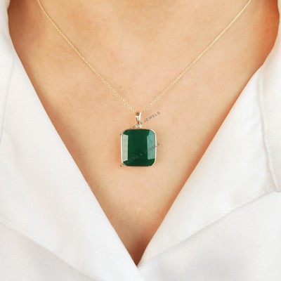 10.74 ct Natural Green Onyx Pendant 14K Gold Dainty May Birthstone Jewelry Gift