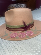Tan Felt Western Hat w/ Green Studded Band, Feather  Rose Embroidery