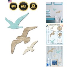 3pcs Wood Seagull Wall Decor Wooden Beach Wall Decor Coastal Theme Wall Art S...