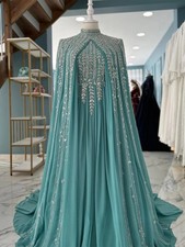 Exquisite Evening Dress with Cape High Neck Long Sleeves Beading Sequined Prom