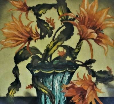 Prof. Hugo NOSKE (1886-1960) Elegant Colour Woodblock Print c 1930: RED FLOWERING CACTUS