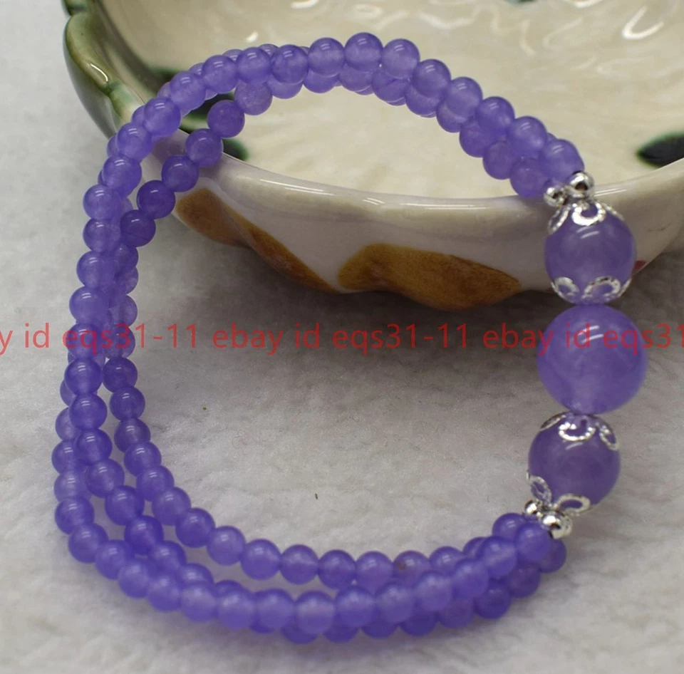 Brazalete de gemas de plata tibetana elástica cuentas de jade púrpura natural 3 filas 4 mm 7,5"" Foto 3 de 4