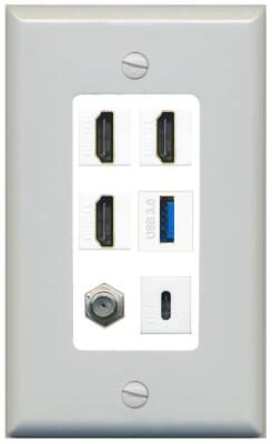 RiteAV 3 HD USB3 USBC Coax Wall Plate - 1 Gang [Gray/White]