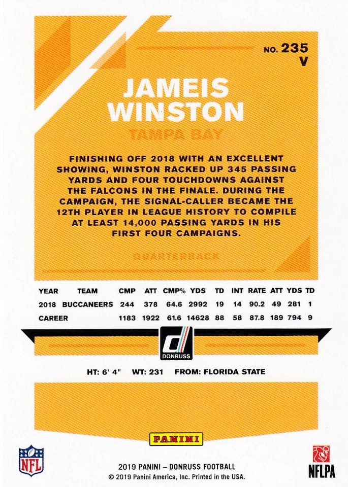 2019 DONRUSS BLUE VARIATIONS JAMEIS WINSTON TAMPA BAY BUCCANEERS PARALLELS - Y10 - Image 2 of 2